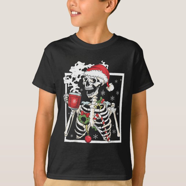 Christmas Skeleton With Smiling Skull Drinking Cof T-Shirt (Front)
