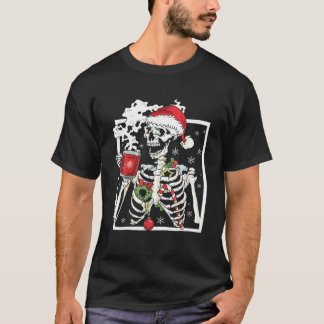 Christmas Skeleton With Smiling Skull Drinking Cof T-Shirt