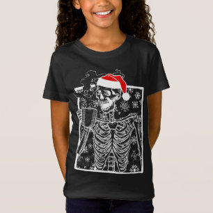 Christmas Skeleton with Smiling Skull drinking Cof T-Shirt