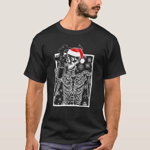 Christmas Skeleton With Smiling Skull Drinking Cof T_Shirt