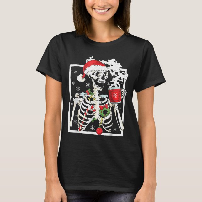 Christmas Skeleton With Smiling Skull Drinking Cof T-Shirt (Front)
