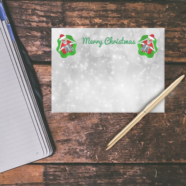Christmas Skeletons Red Green Splatters White Post-it Notes (Merry christmas fun skeletons on white circles on pad of post it notes.)