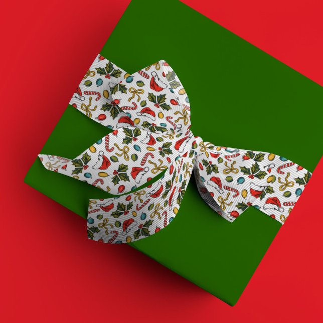 Christmas Sketches Santa Hat Holly Candy Cane Bow Satin Ribbon (Festive Christmas sketches ribbon)