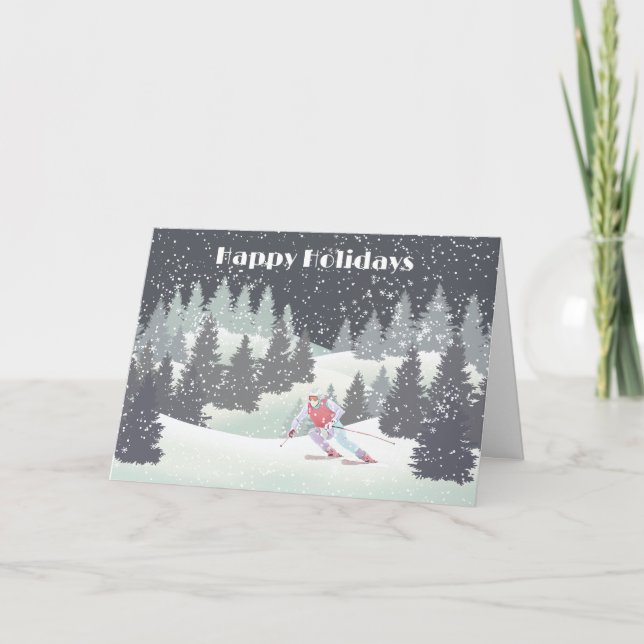 Christmas Skier and Winter Pines   Holiday Card (Front)