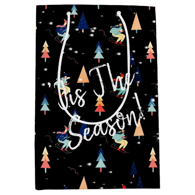 Christmas Skier In Snowflakes On Black Medium Gift Medium Gift Bag (Front)