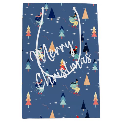 Christmas Skier In Snowflakes On Blue  Medium Gift Bag