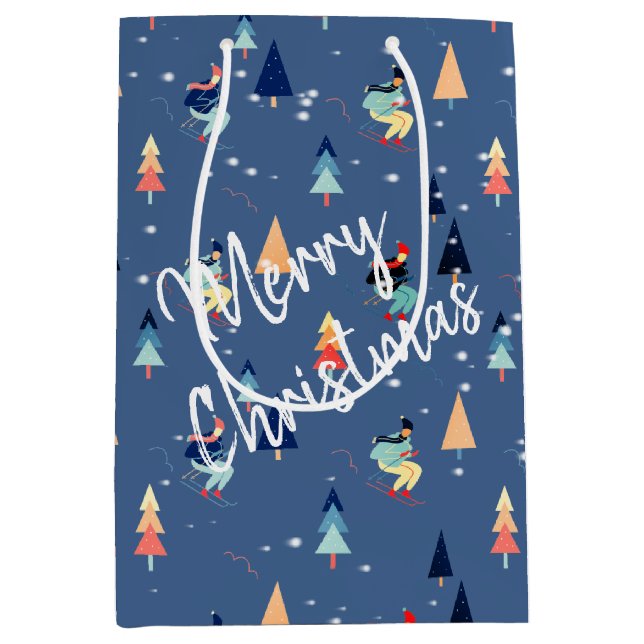 Christmas Skier In Snowflakes On Blue  Medium Gift Bag (Front)