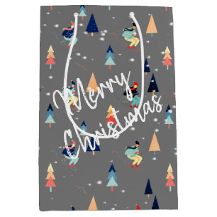 Christmas Skier In Snowflakes On Gray Medium Gift Bag