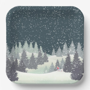 Christmas Skier in Winter Pines Paper Plates