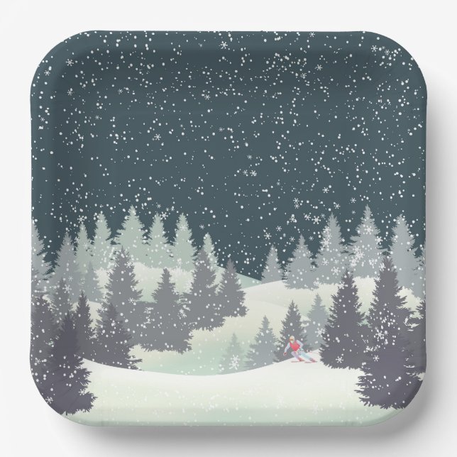 Christmas Skier in Winter Pines  Paper Plates (Front)