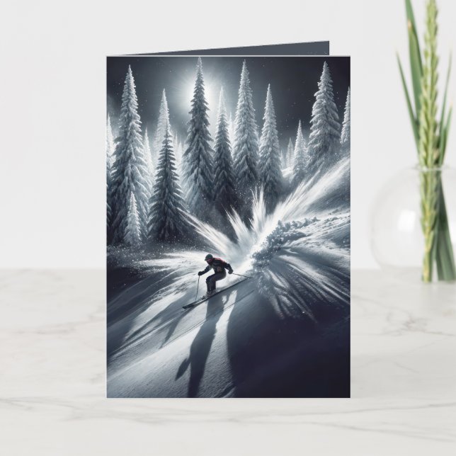 Christmas Skier On Mountain Holiday Card (Front)
