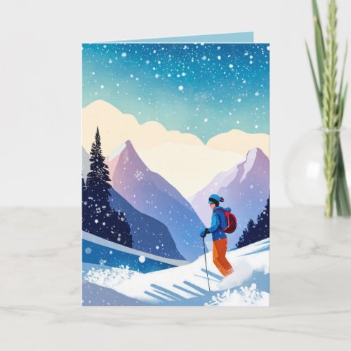 Christmas Skier On Mountain Holiday Card