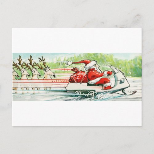 Christmas Skiing Santa Snowmobile Ski Holiday Postcard