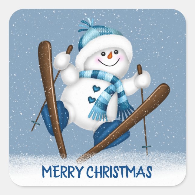 Christmas Skiing Snowman Square Sticker (Front)