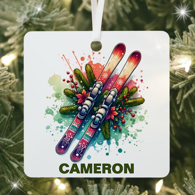 Christmas Skis Custom Name Metal Ornament (Creator Uploaded)