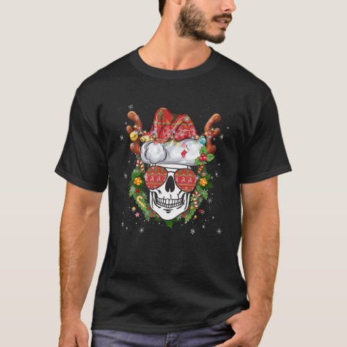 Christmas Skull Reindeer Santa Hat Glasses Wearing T_Shirt