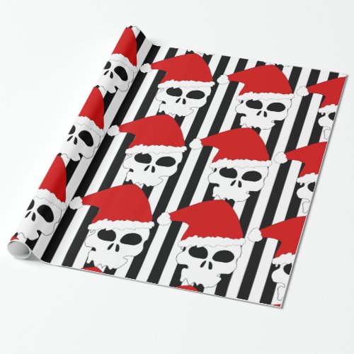 Christmas Skull Santa Hat on Black  White Stripes Wrapping Paper