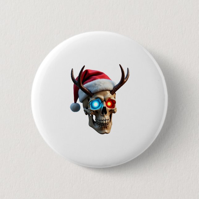 Christmas Skull with Santa Hat and Antlers Mystic  Button (Front)