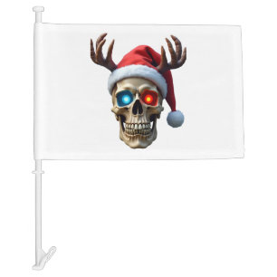 Christmas Skull with Santa Hat and Antlers Mystic  Car Flag