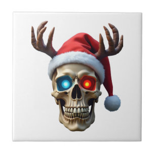 Christmas Skull with Santa Hat and Antlers Mystic Ceramic Tile