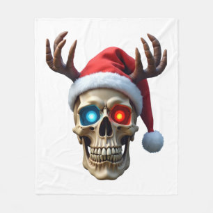 Christmas Skull with Santa Hat and Antlers Mystic  Fleece Blanket