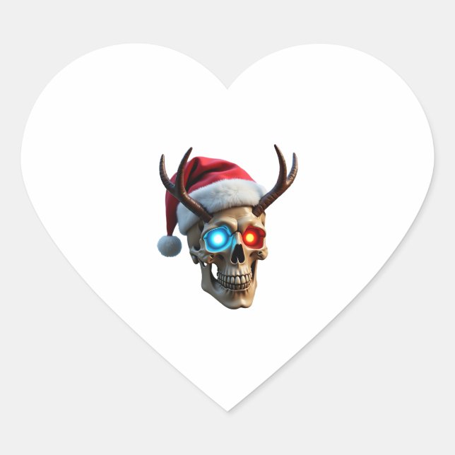 Christmas Skull with Santa Hat and Antlers Mystic  Heart Sticker (Front)