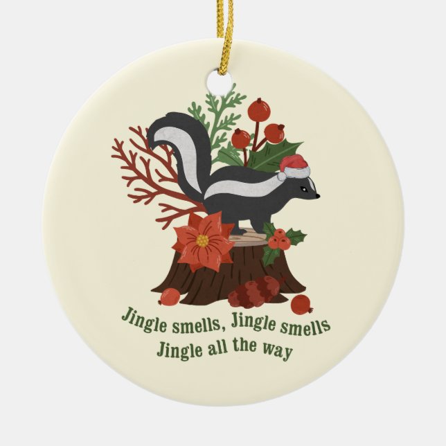 Christmas Skunk Pun: Jingle Smells Ceramic Ornament (Front)