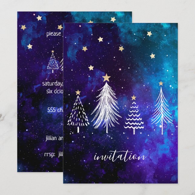 Christmas Sky, Blue, White, Stars, Party Invitation (Front/Back)