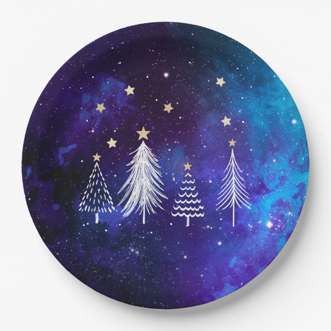 Christmas Sky, Blue, White, Stars, Party  Paper Plates (Front)