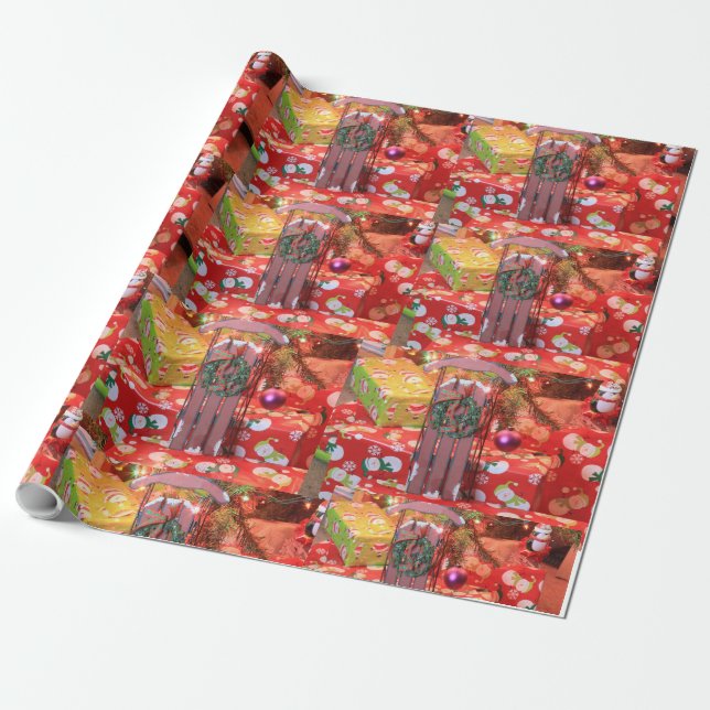 Christmas Sled with Wreath Wrapping Paper (Unrolled)
