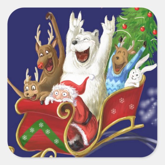 Christmas Sledge Funny Digital Drawing Santa Claus Square Sticker