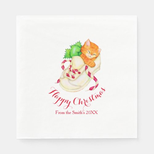 Christmas sleeping cat red white paper napkins