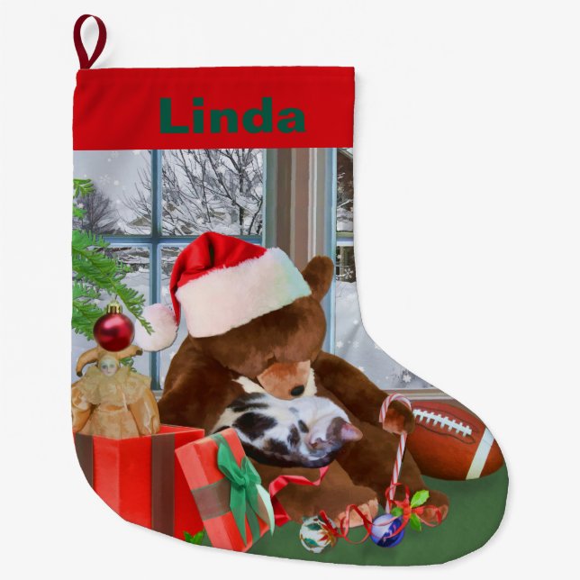 Christmas, Sleeping Cat, Teddy Bear, Name Large Christmas Stocking (Front)