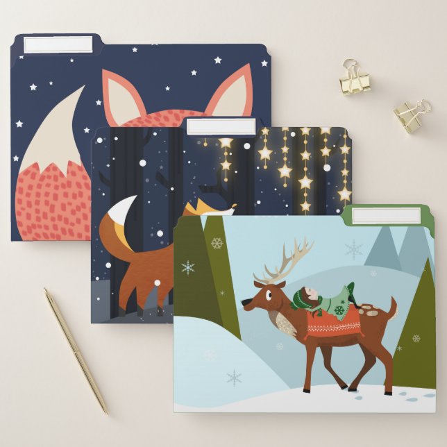 Christmas sleepy fox, fox and stars, deer and elf file folder (Set)