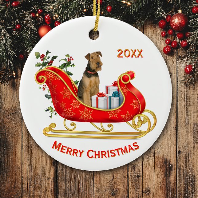 Christmas Sleigh Airedale Terrier Dog Ceramic Ornament (Creator Uploaded)