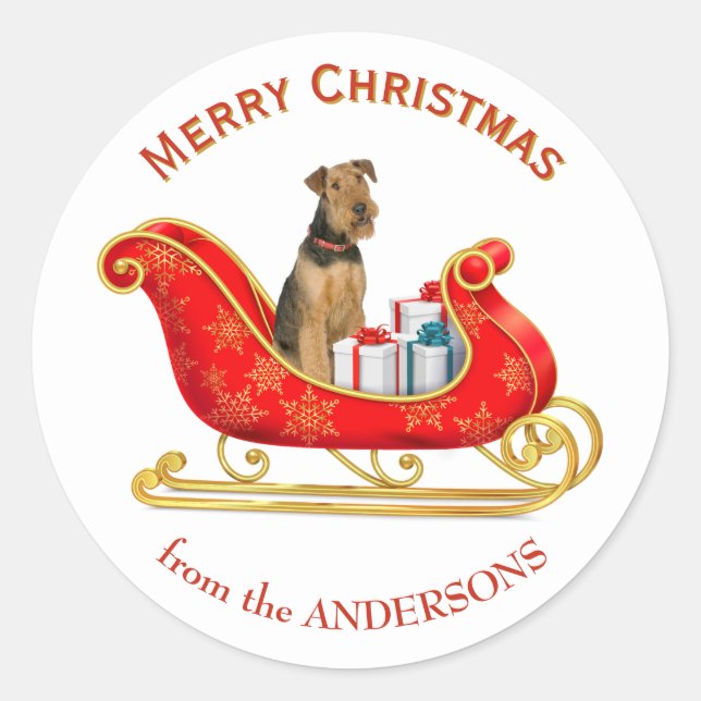 Christmas Sleigh Airedale Terrier Dog Classic Round Sticker (Front)
