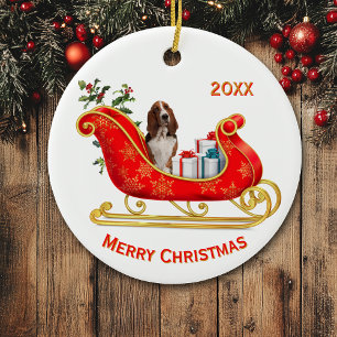 Christmas Sleigh Basset Hound Dog Ceramic Ornament
