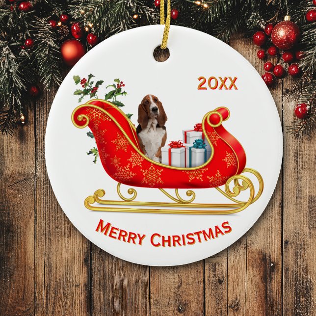 Christmas Sleigh Basset Hound Dog Ceramic Ornament (Creator Uploaded)