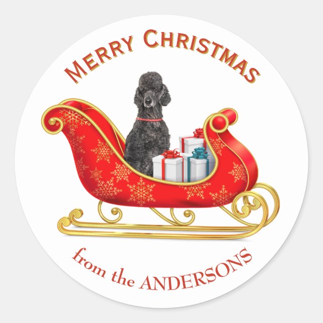 Christmas Sleigh Black Poodle Dog Classic Round Sticker (Front)