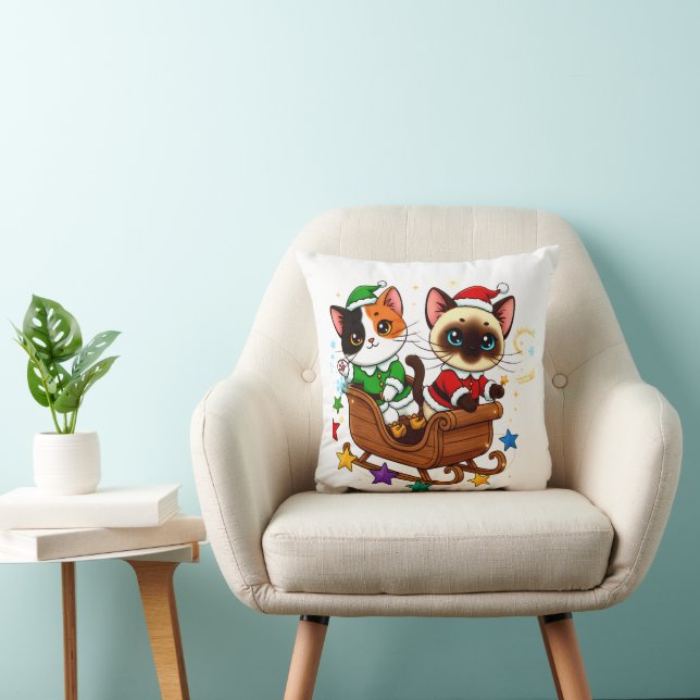 Christmas Sleigh Cats! Throw Pillow (Chair)