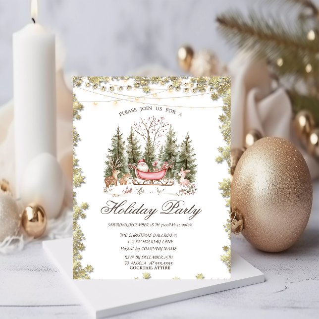 Christmas Sleigh Forest Gold Stars Holiday Invitation (Creator Uploaded)