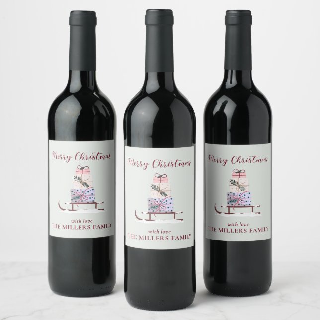 Christmas sleigh full of gifts, ligth green  wine label (Bottles)