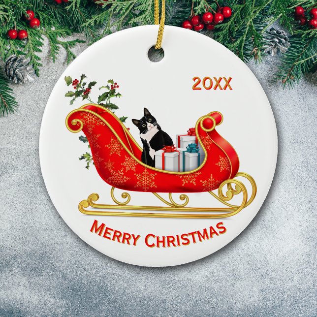Christmas Sleigh Funny Black White Cat Ceramic Ornament (Creator Uploaded)