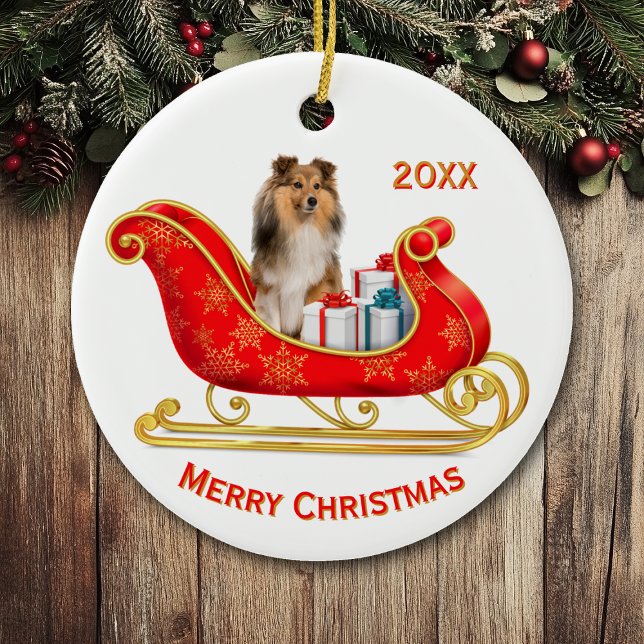 Christmas Sleigh Shetland Sheepdog Ceramic Ornament (Creator Uploaded)
