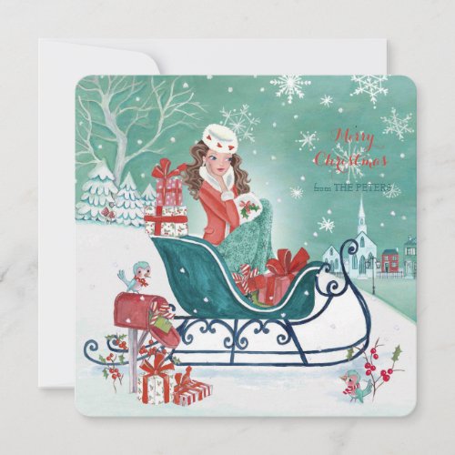 Christmas Sleigh Shopping Girl  _ Greetings Holiday Card