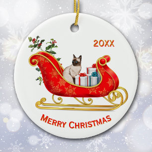 Christmas Sleigh Siamese Cat Ceramic Ornament