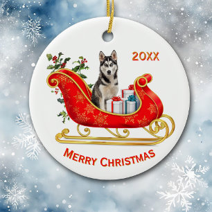 Christmas Sleigh Siberian Husky Dog Ceramic Ornament