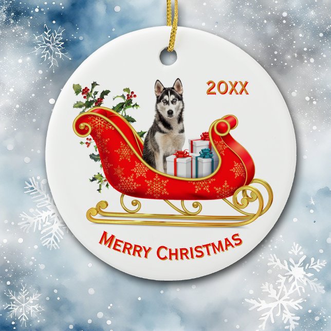 Christmas Sleigh Siberian Husky Dog Ceramic Ornament (Creator Uploaded)