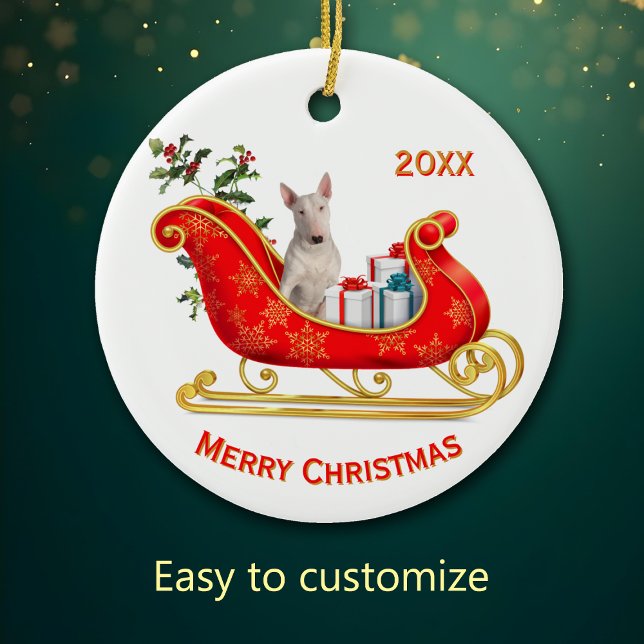 Christmas Sleigh White Bull Terrier Dog Ceramic Ornament (Creator Uploaded)