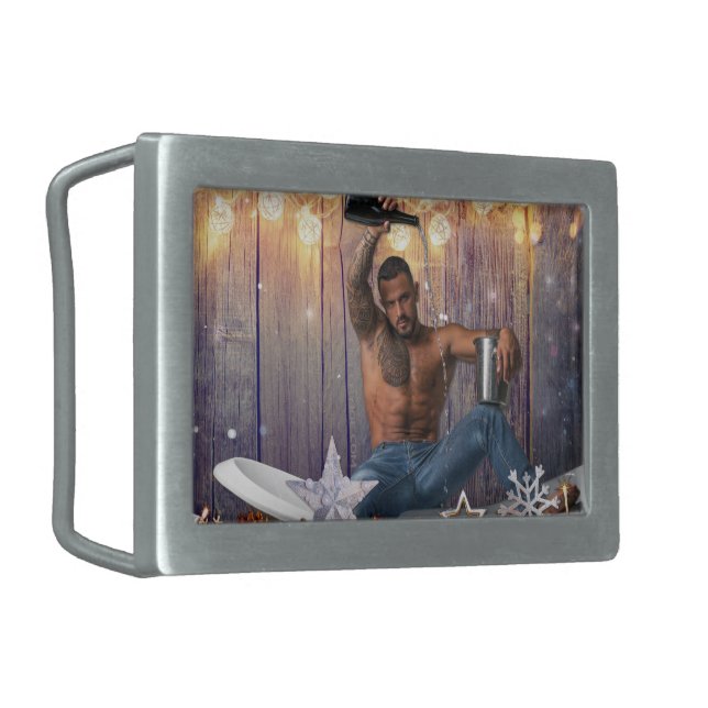 Christmas SlipperyJoe silver gold stars lights wet Belt Buckle (Front Left)